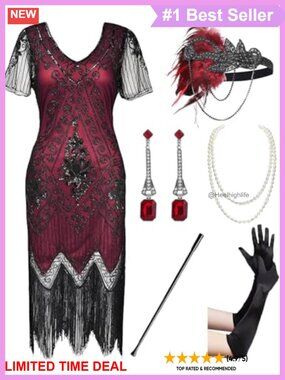 1920s Vintage Sequin Beaded Fringe Flapper Dress with Accessories